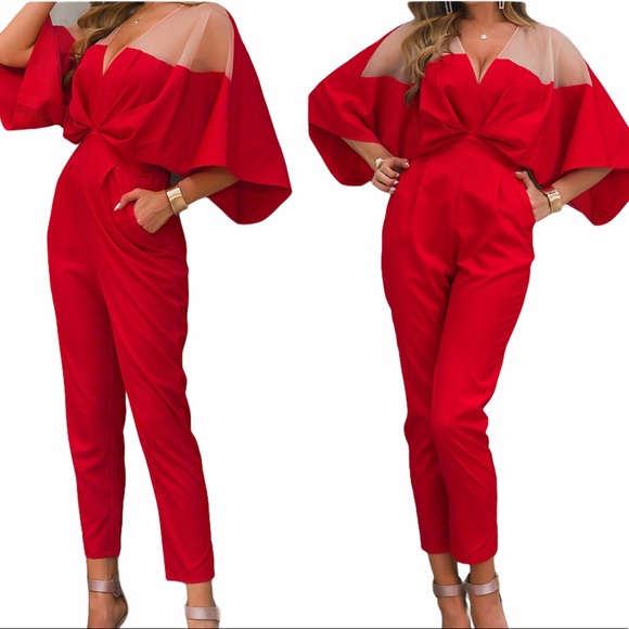 Pants - Sold❗️New Chic Red Bubble Sleeve Top Jumpsuit
